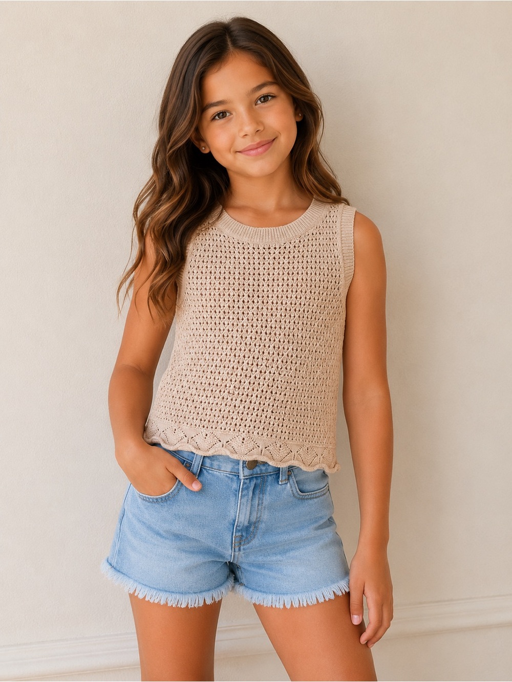 Girls M 7/8 Cat & Jack Blush Knit Tank Top Sleeveless Boho Sweater Crochet